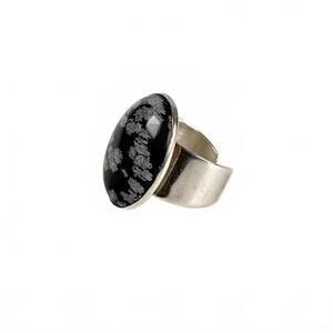 Vintage Snowflake Obsidian Cabochon & Birmingham British Sterling Silver Ring